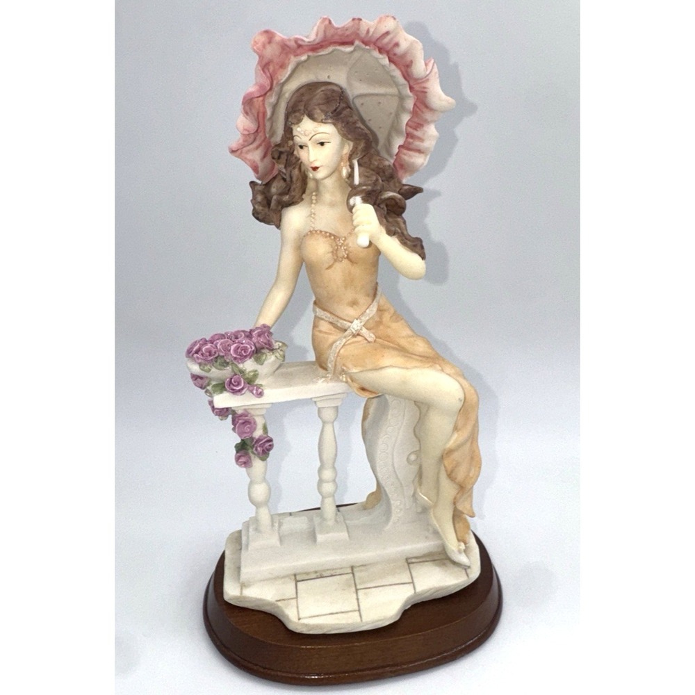 Statue Woman Figure & Parasol w/Rose Basket‎ Vintage The Mirella Collection